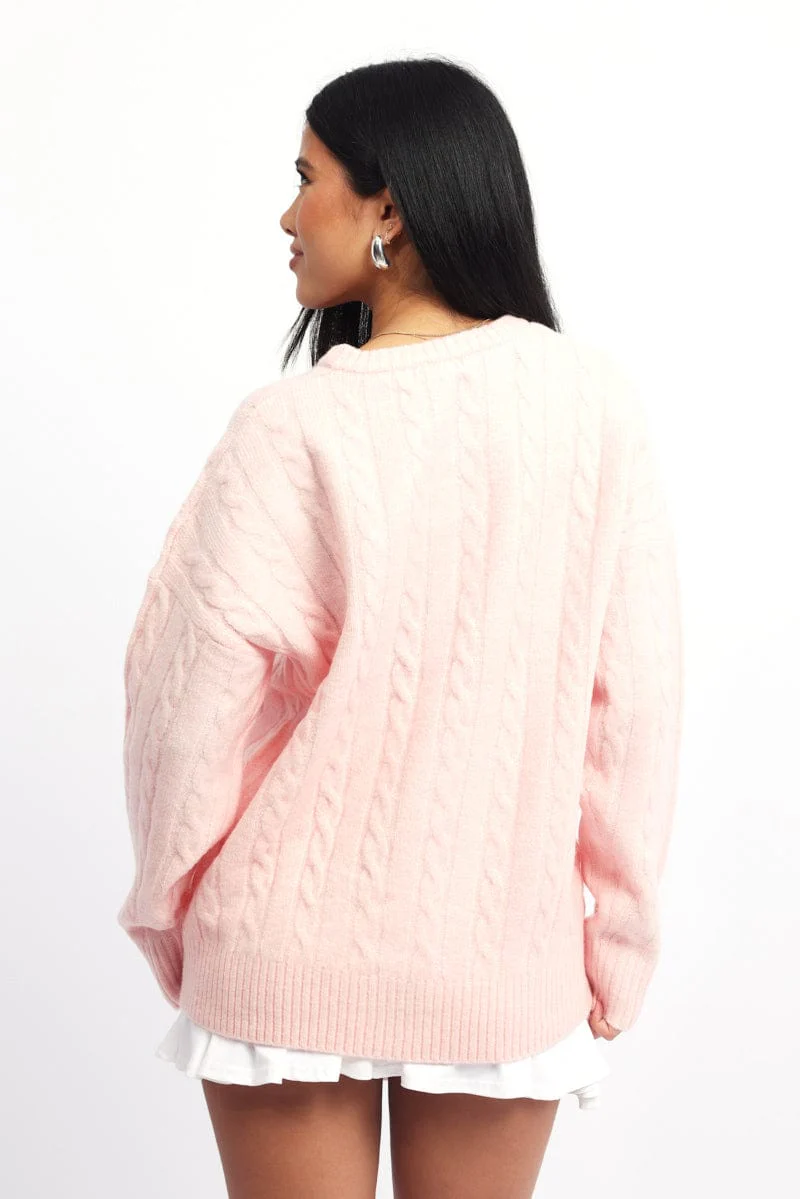 Pink Knit Jumper Long Sleeve Cable - Image 4