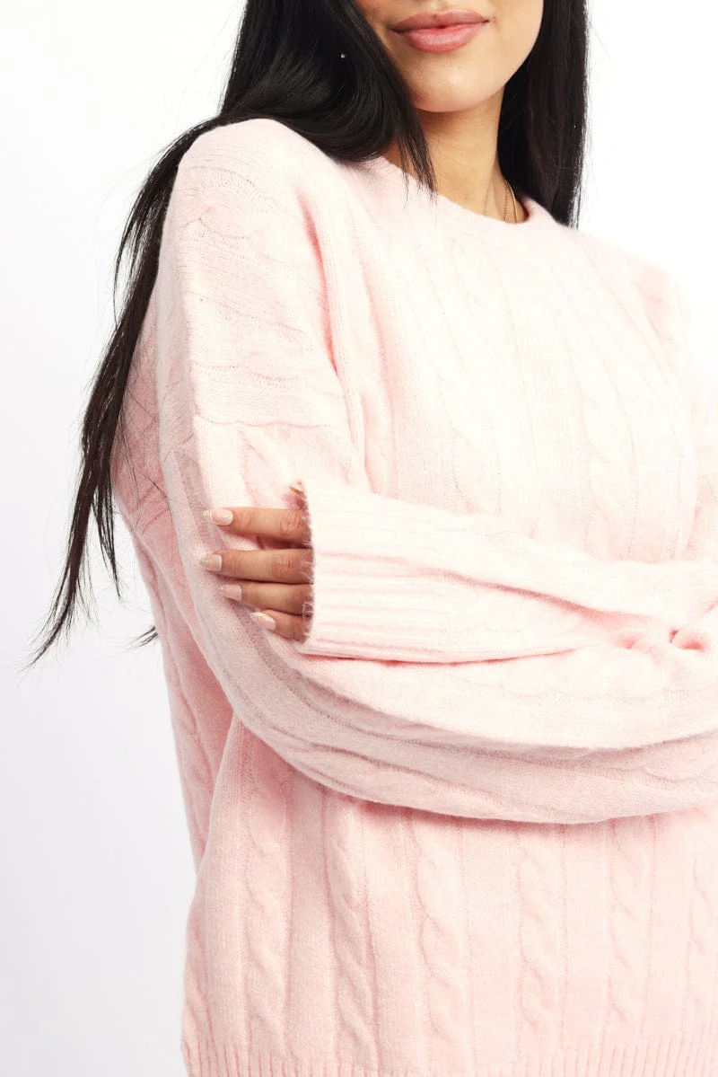 Pink Knit Jumper Long Sleeve Cable - Image 5