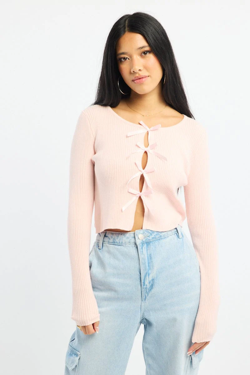 Pink Knit Top Long Sleeve Front Ribbon - Image 2