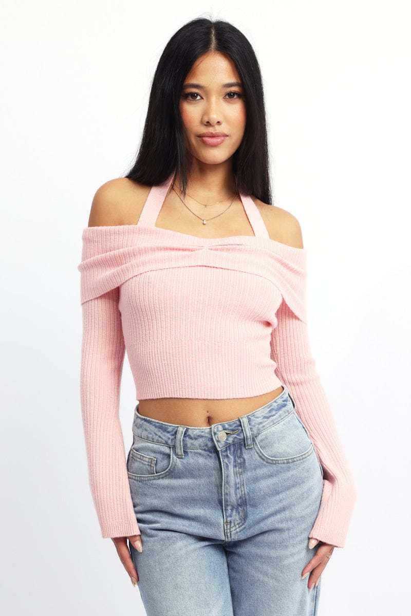 Pink Knit Top Long Sleeve Off Shoulder Halter - Image 2