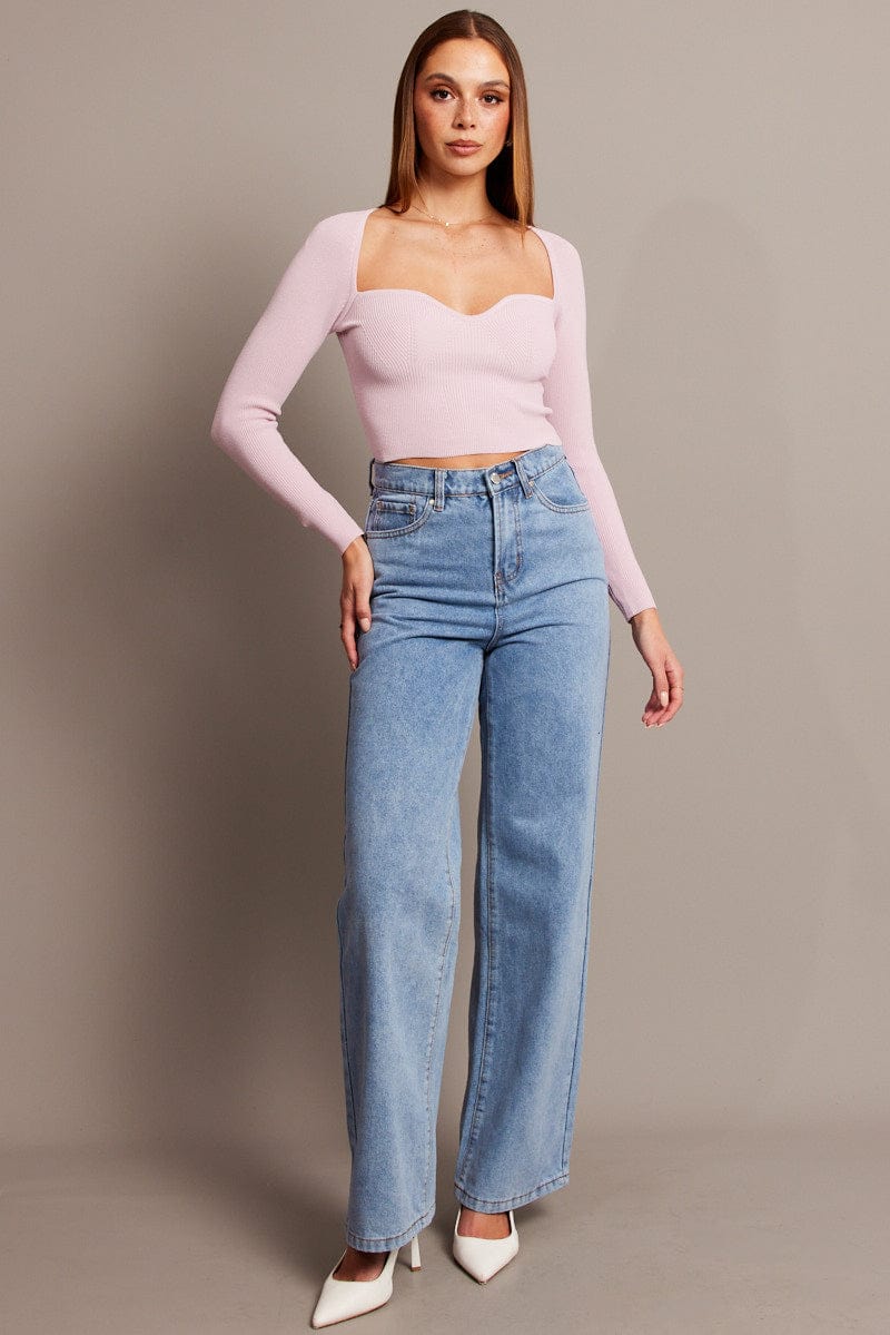 Pink Knit Top Long Sleeve Sweatheart Neck - Image 2
