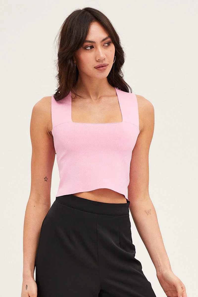 Pink Knit Top Sleeveless Crop Square Neck - Image 3