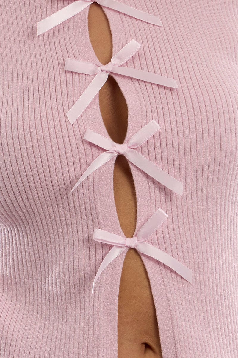 Pink Knit Top Sleeveless Front Ribbon - Image 6