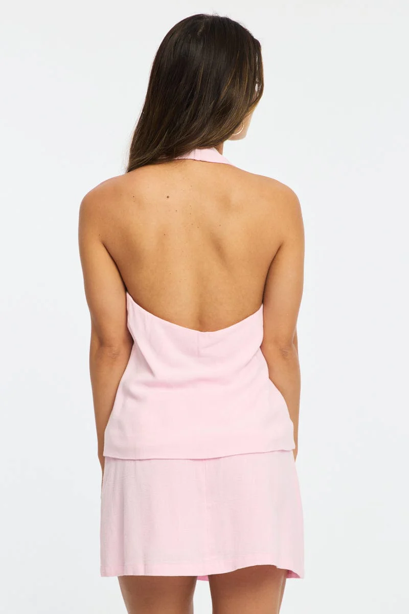 Pink Linen Blend Mini Skort High Rise Shorts Lined - Image 5