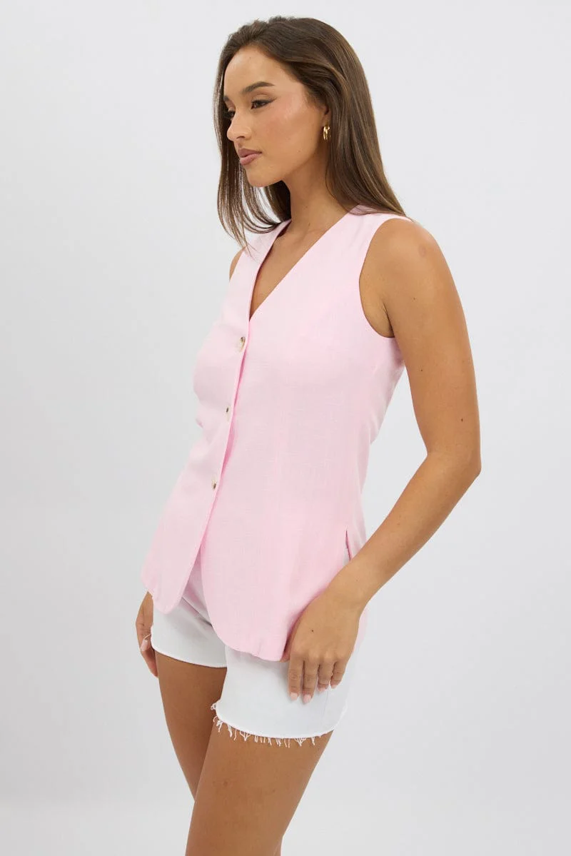 Pink Linen Vest Longline V Neck - Image 4