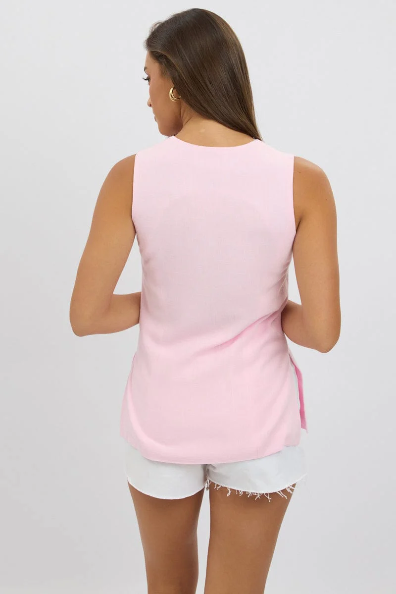 Pink Linen Vest Longline V Neck - Image 5