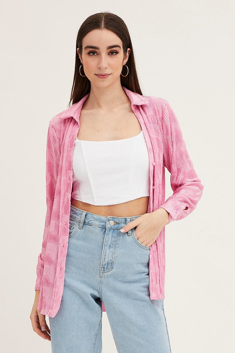 Pink Long Sleeve Plisse Shirt - Image 3