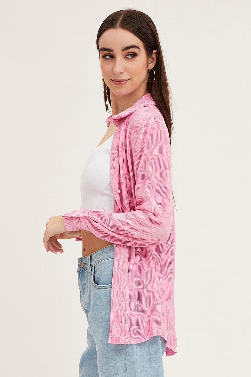 Pink Long Sleeve Plisse Shirt - Image 4
