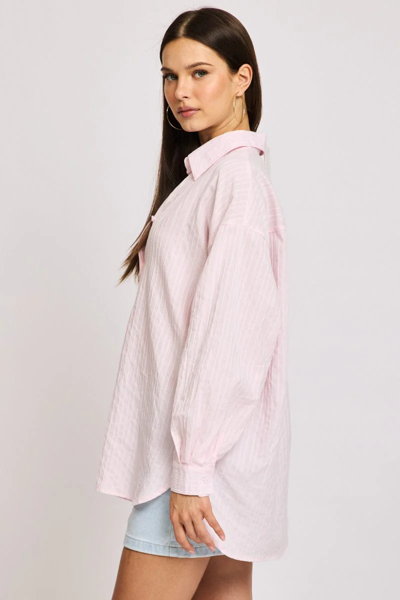 Pink Long Sleeve Shirt Button Up Collared Self-striped - Image 3