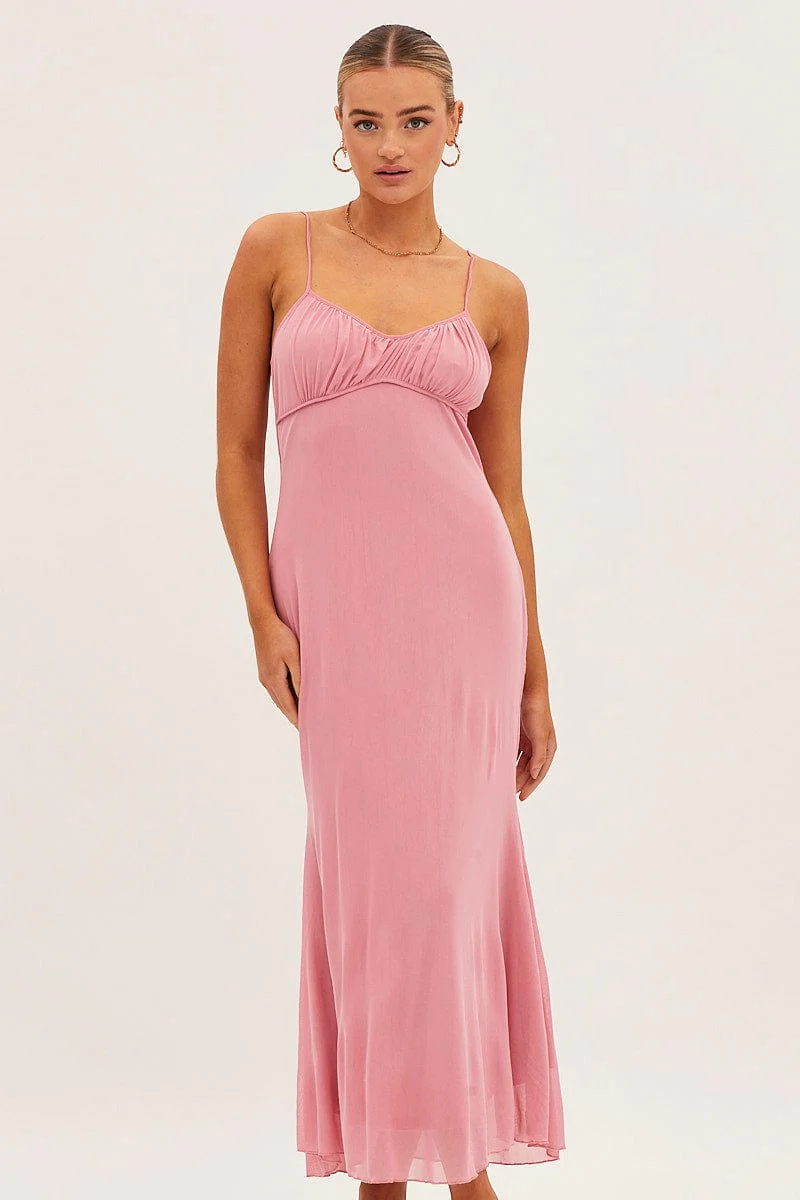 Pink Maxi Dress Sleeveless Gathering Bust Mesh - Image 3