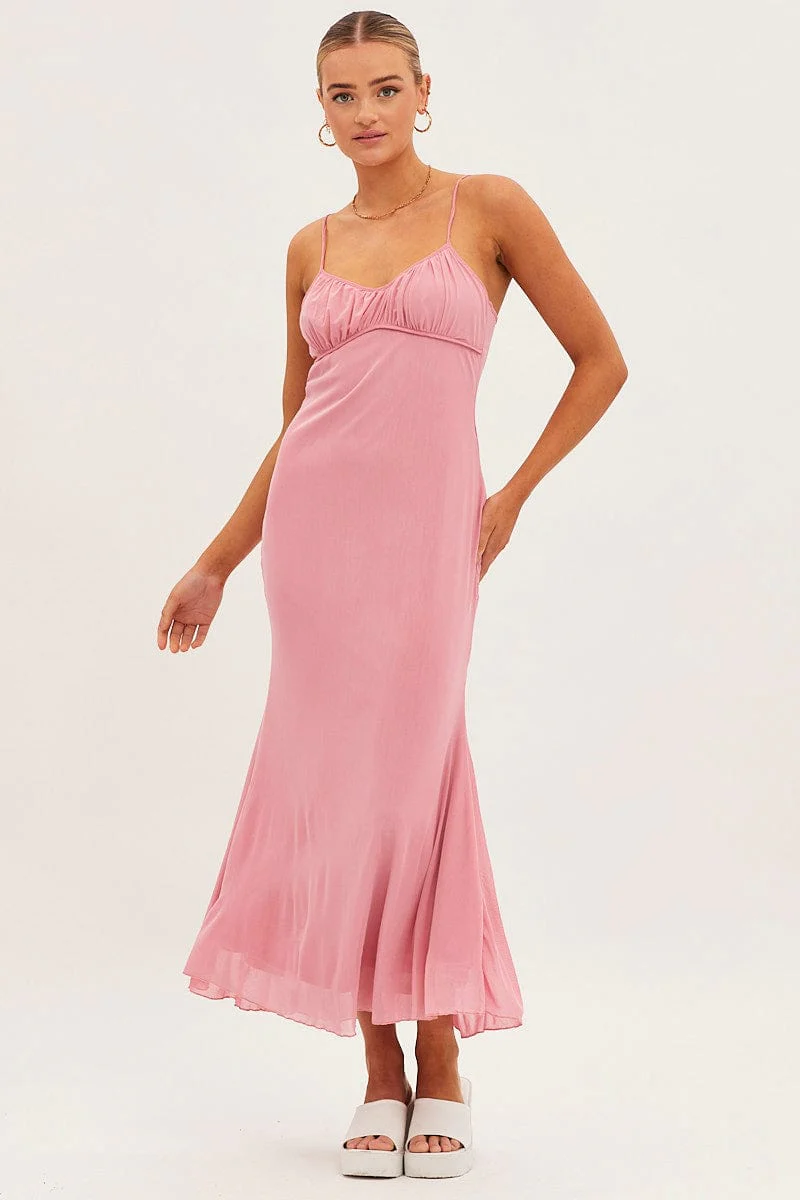 Pink Maxi Dress Sleeveless Gathering Bust Mesh - Image 4