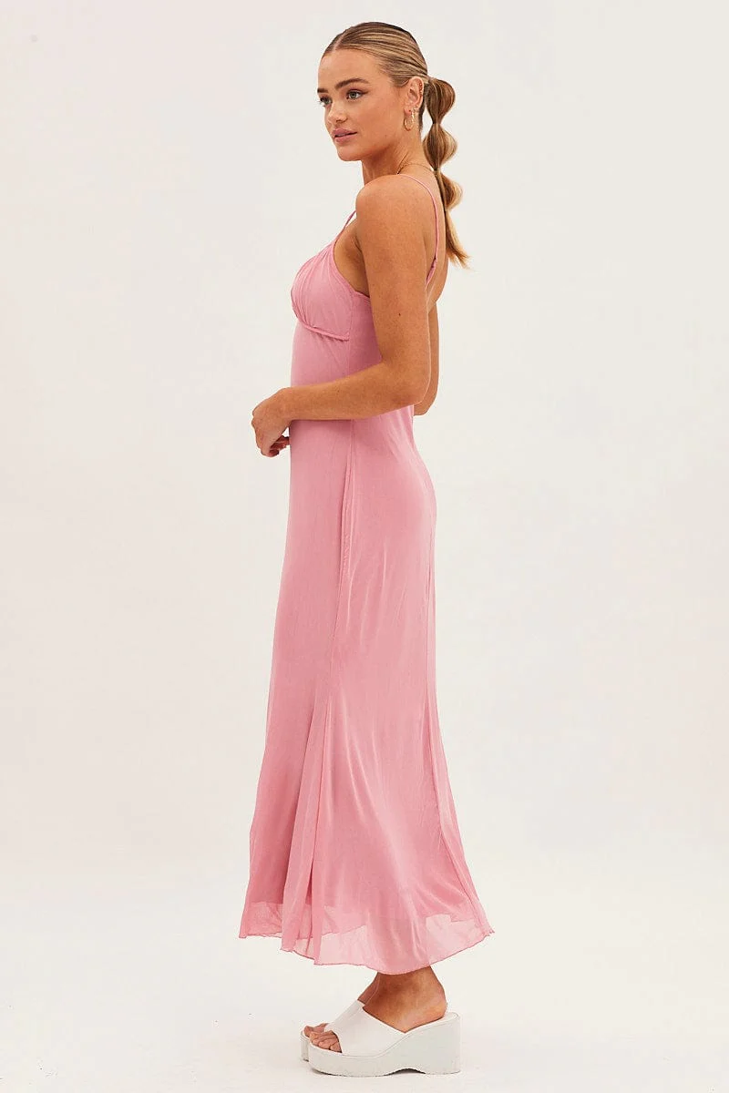 Pink Maxi Dress Sleeveless Gathering Bust Mesh - Image 5