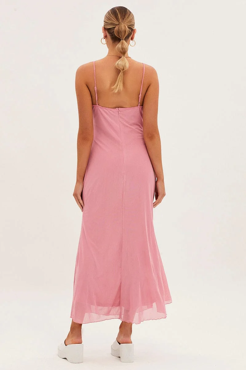 Pink Maxi Dress Sleeveless Gathering Bust Mesh - Image 6