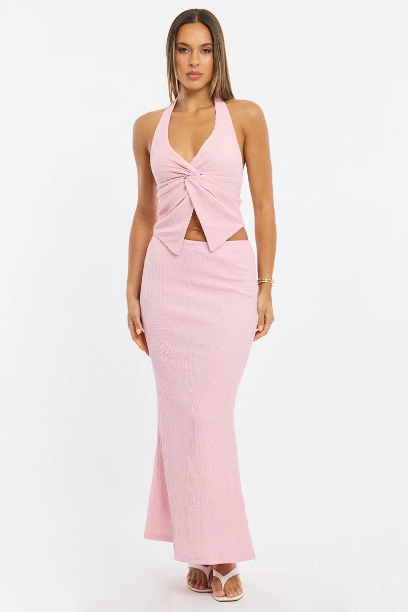 Pink Maxi Skirt Elasticated Waist Textured Half Lined - Image 3
