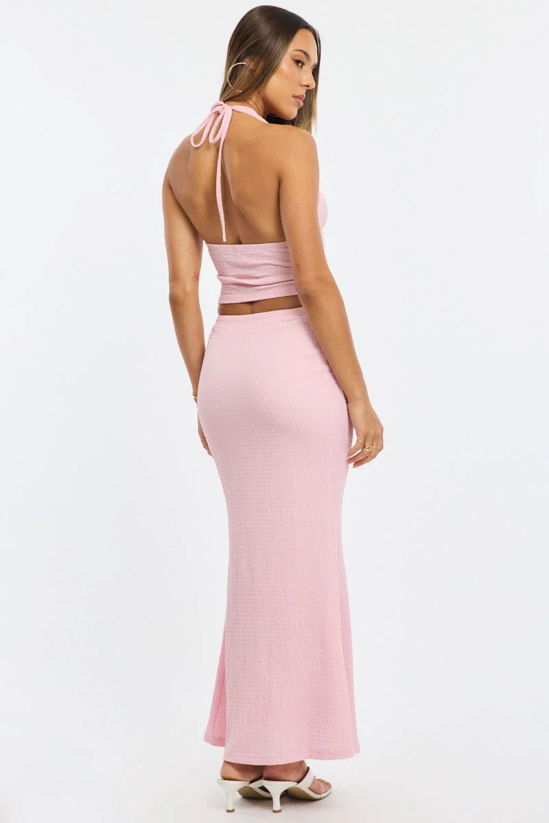 Pink Maxi Skirt Elasticated Waist Textured Half Lined - Image 5