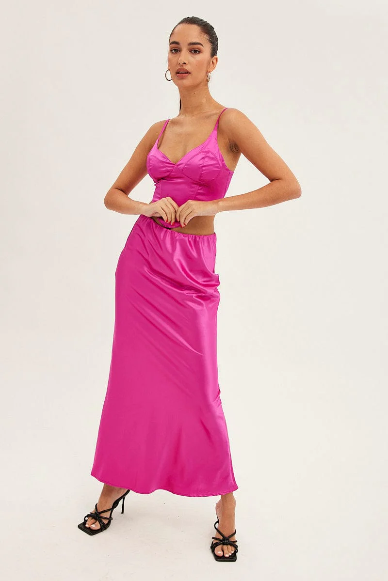 Pink Maxi Skirt Low Rise Elastic Waist Satin - Image 3