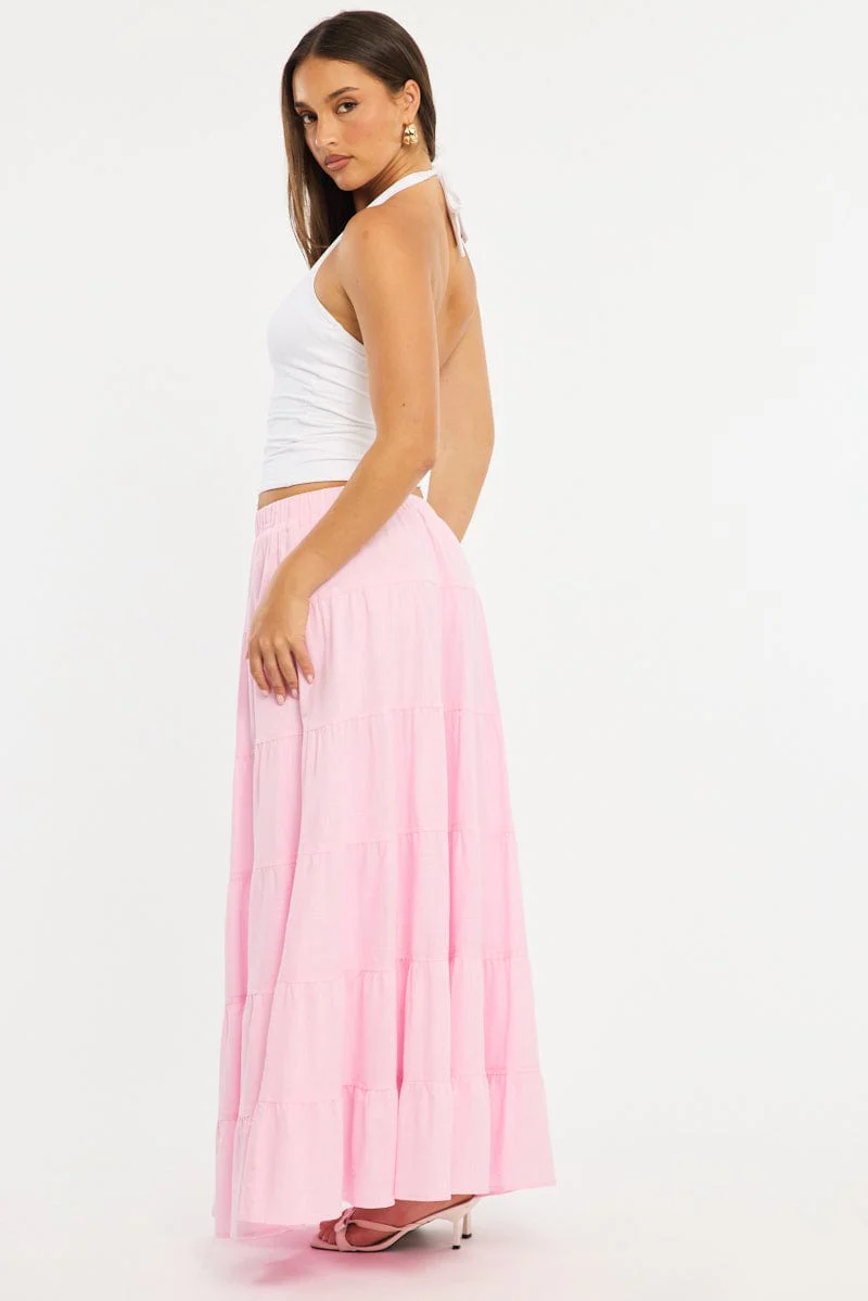 Pink Maxi Skirt Tiered High Rise Linen Blend - Image 3
