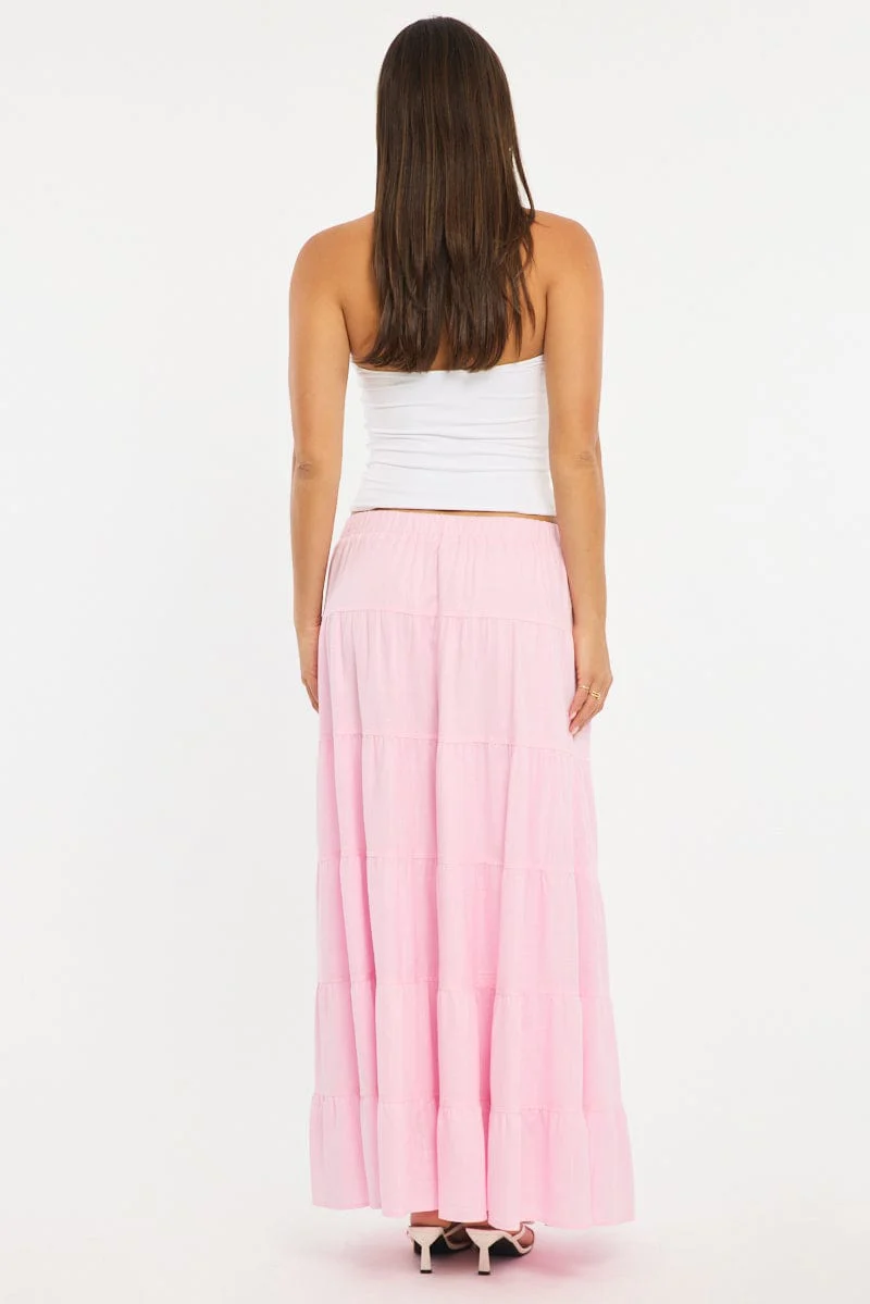 Pink Maxi Skirt Tiered High Rise Linen Blend - Image 4