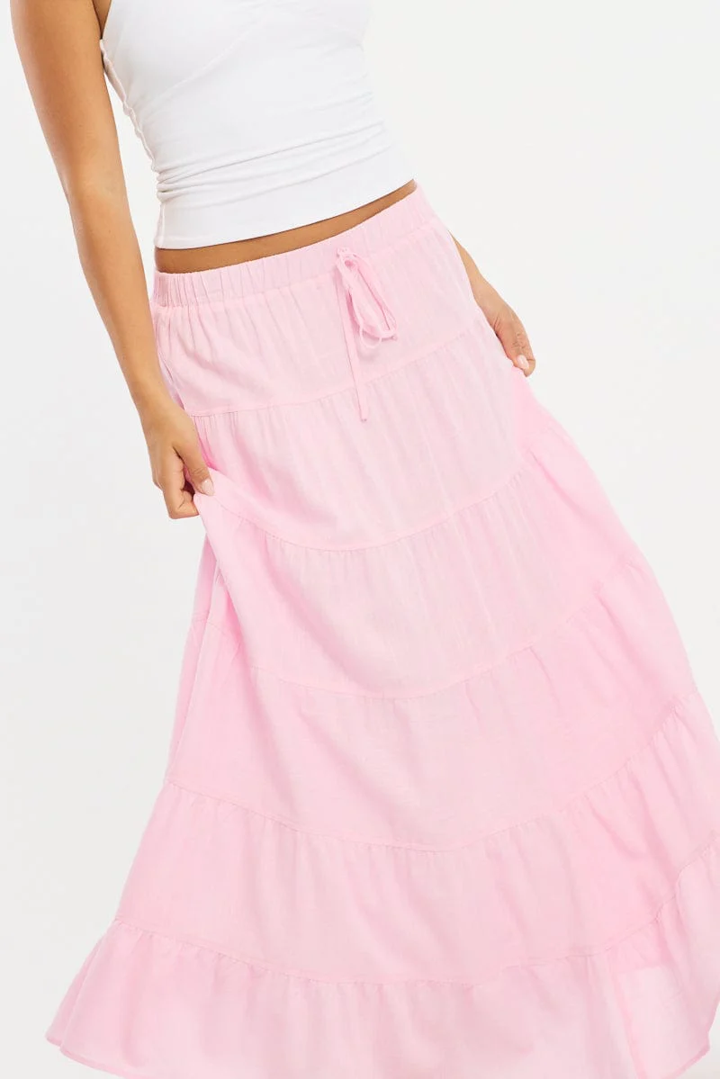 Pink Maxi Skirt Tiered High Rise Linen Blend - Image 5