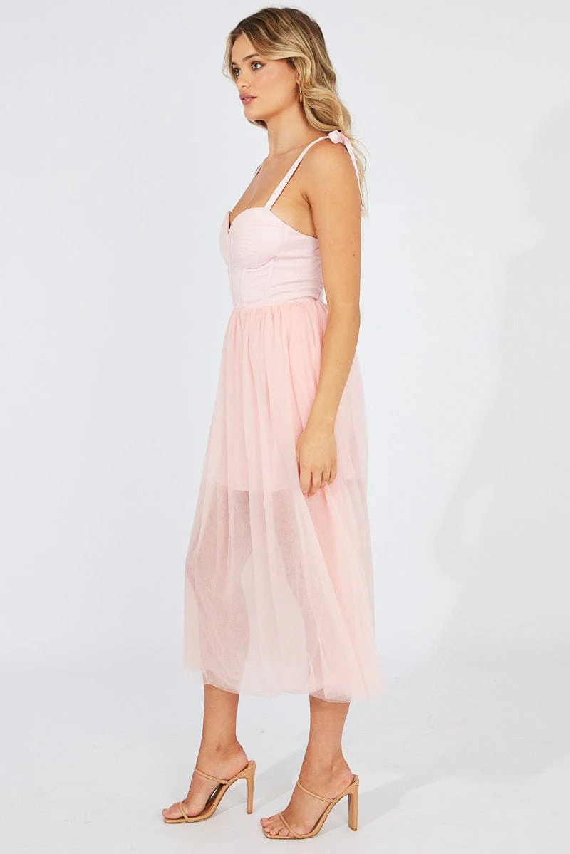 Pink Midi Dress Tulle Corset Detail Occasion Dress - Image 4