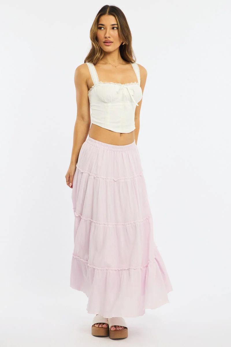 Pink Midi Skirt Tiered High Rise Lined Textured Cotton - Image 3