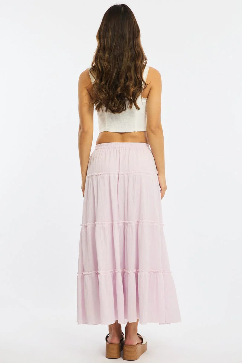 Pink Midi Skirt Tiered High Rise Lined Textured Cotton - Image 5