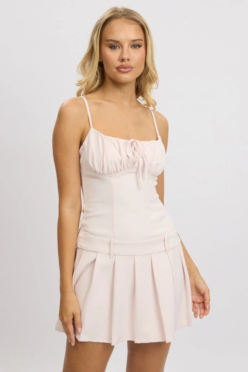 Pink Mini Dress Drop Waist Pleated - Image 2