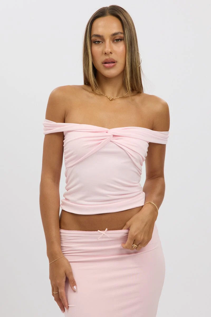 Pink Off Shoulder Top Twisted Bust - Image 2