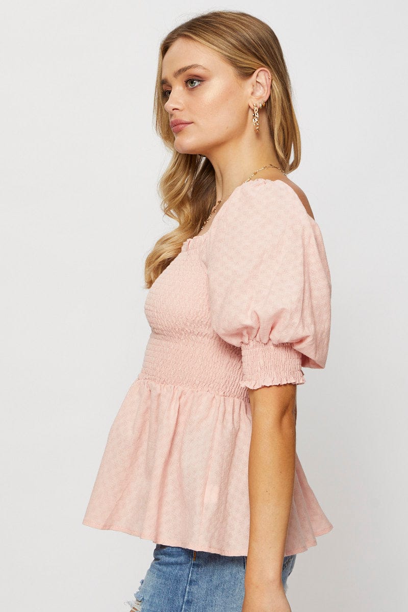 Pink Peplum Top Short Sleeve Round Neck - Image 4