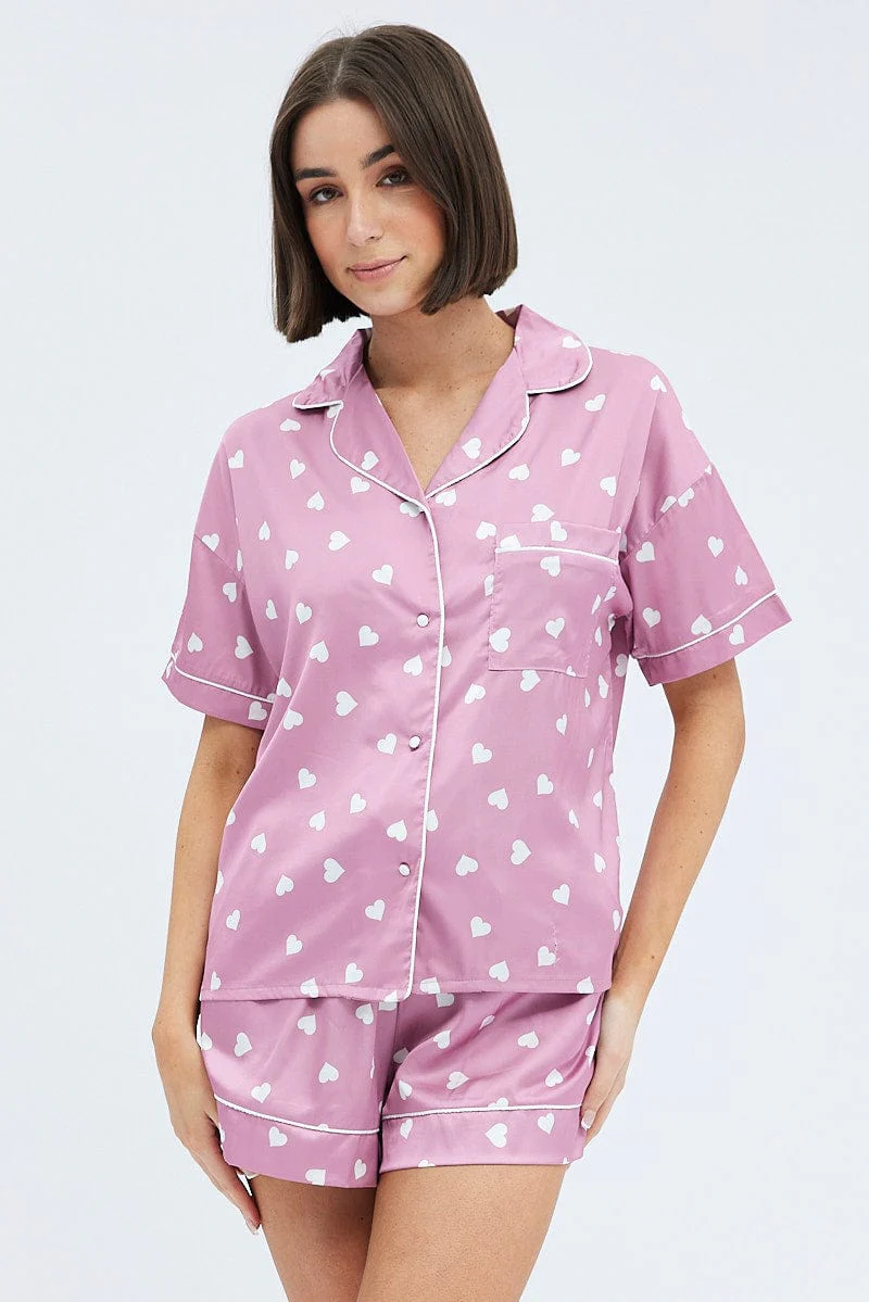 Pink Polka Dot Pink Satin Hearts Contrast Piping Pyjama Set - Image 3