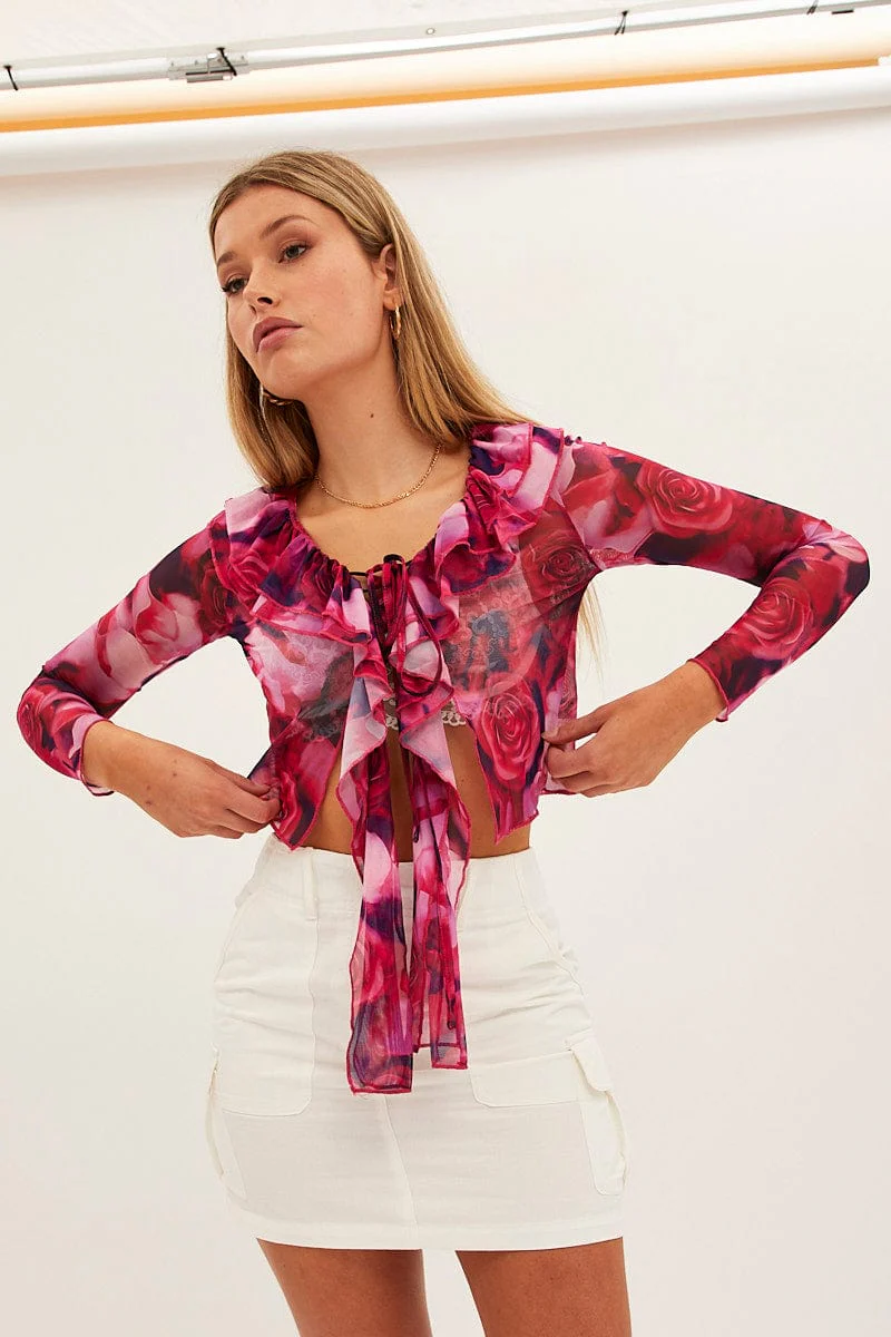 Pink Print Mesh Long Sleeve Crop Top - Image 3