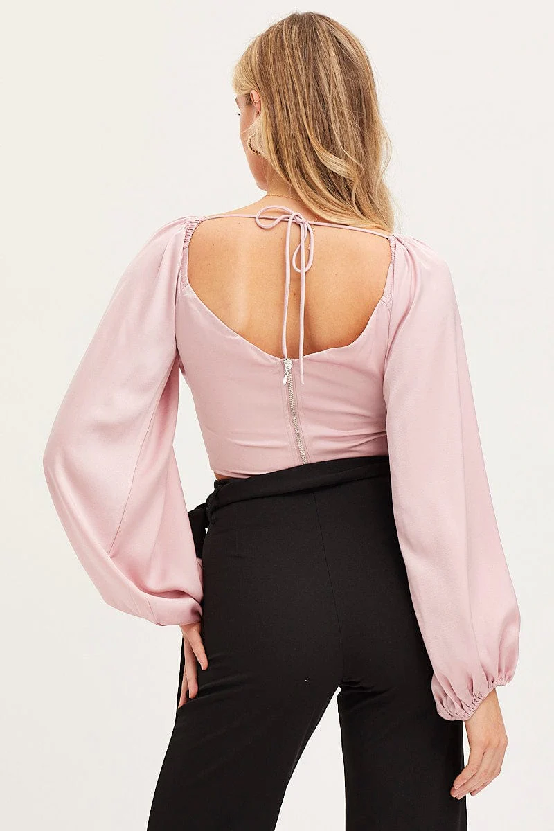 Pink Puff Sleeve Top Long Sleeve Crop Satin - Image 5