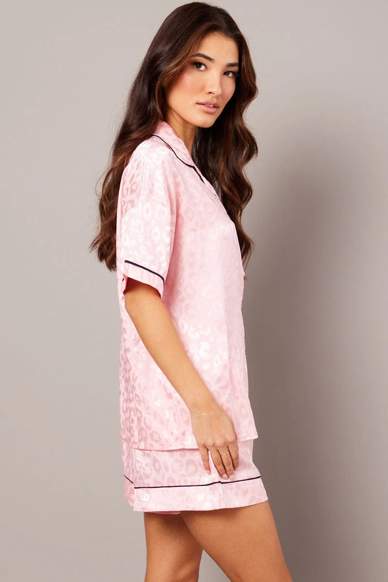 Pink Pyjama Set Leopard Jacquard Piping Satin PJ - Image 4