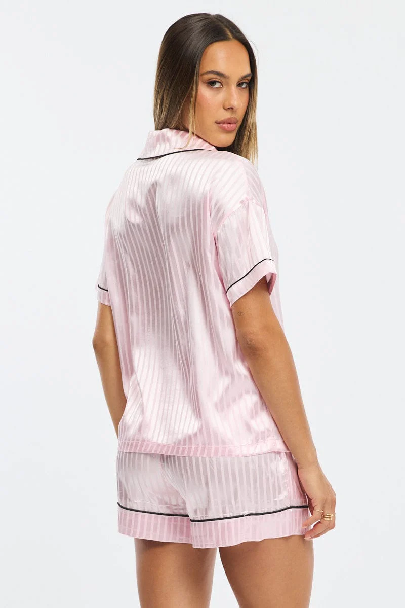Pink Pyjamas Set Short Sleeve Satin Jacquard - Image 4