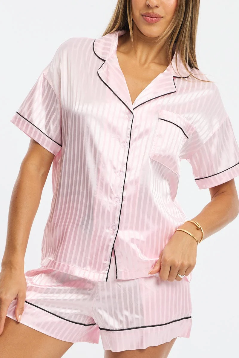 Pink Pyjamas Set Short Sleeve Satin Jacquard - Image 5