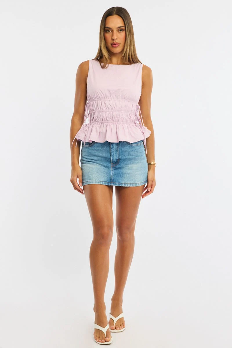 Pink Ruched Top Sleeveless Boat Neck Bow Details - Image 2