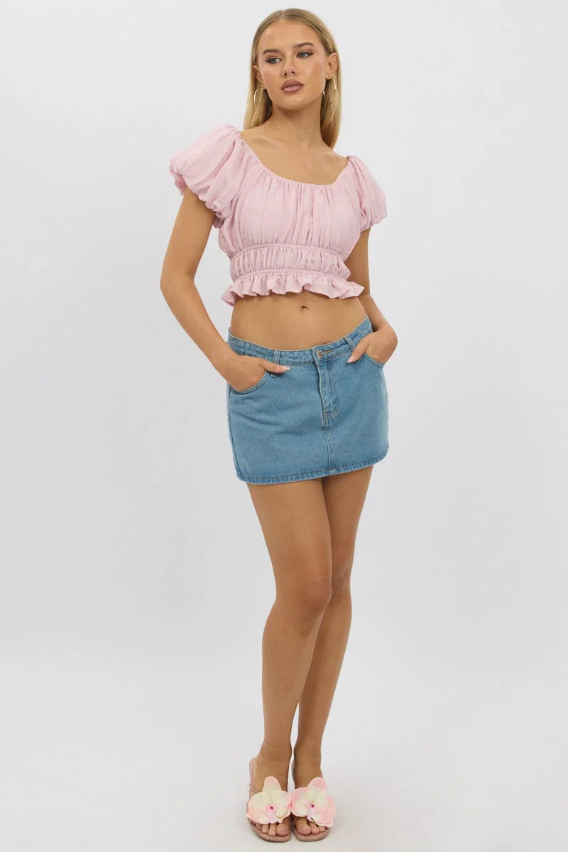 Pink Ruffle Crop Top Puff Sleeve - Image 3