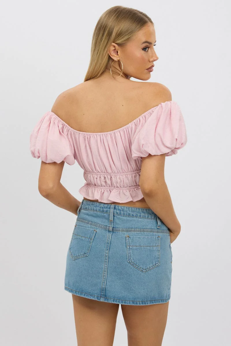 Pink Ruffle Crop Top Puff Sleeve - Image 5