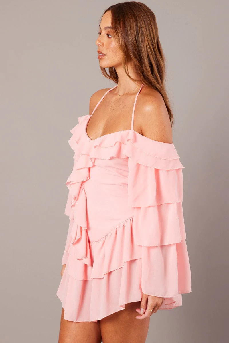 Pink Ruffle Dress Bardot Layered Frill Sleeve Dress - Image 4