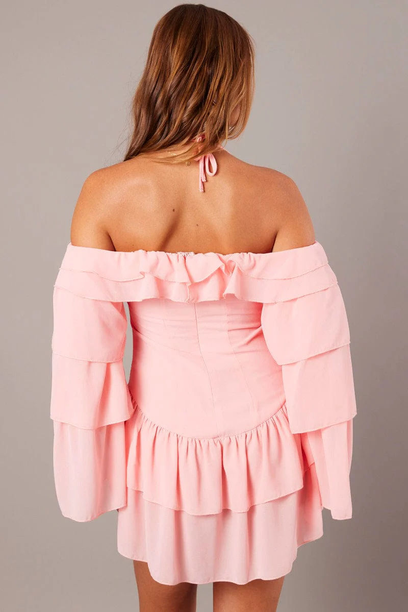 Pink Ruffle Dress Bardot Layered Frill Sleeve Dress - Image 5