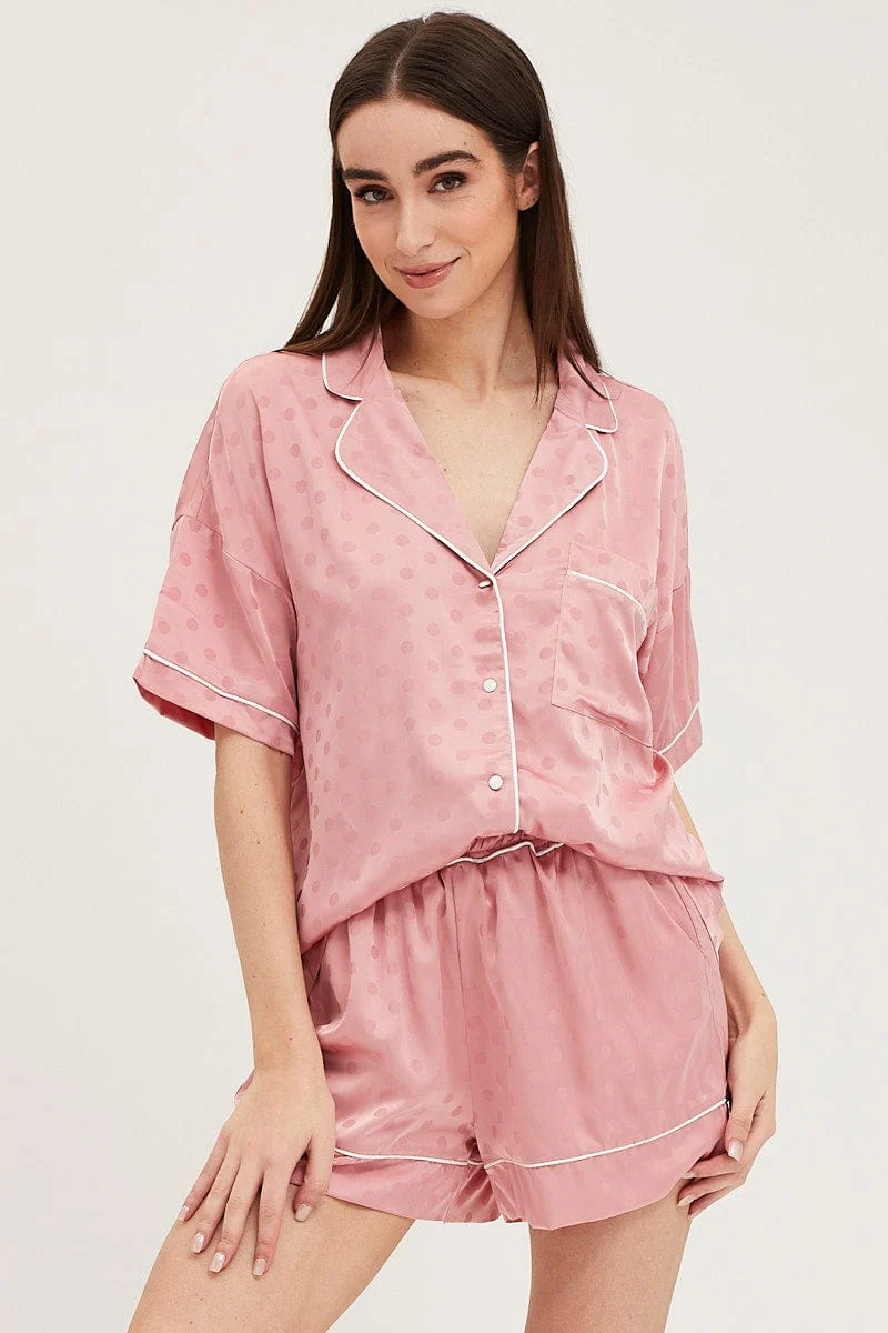 Pink Satin Pajamas Set Short Sleeve - Image 3