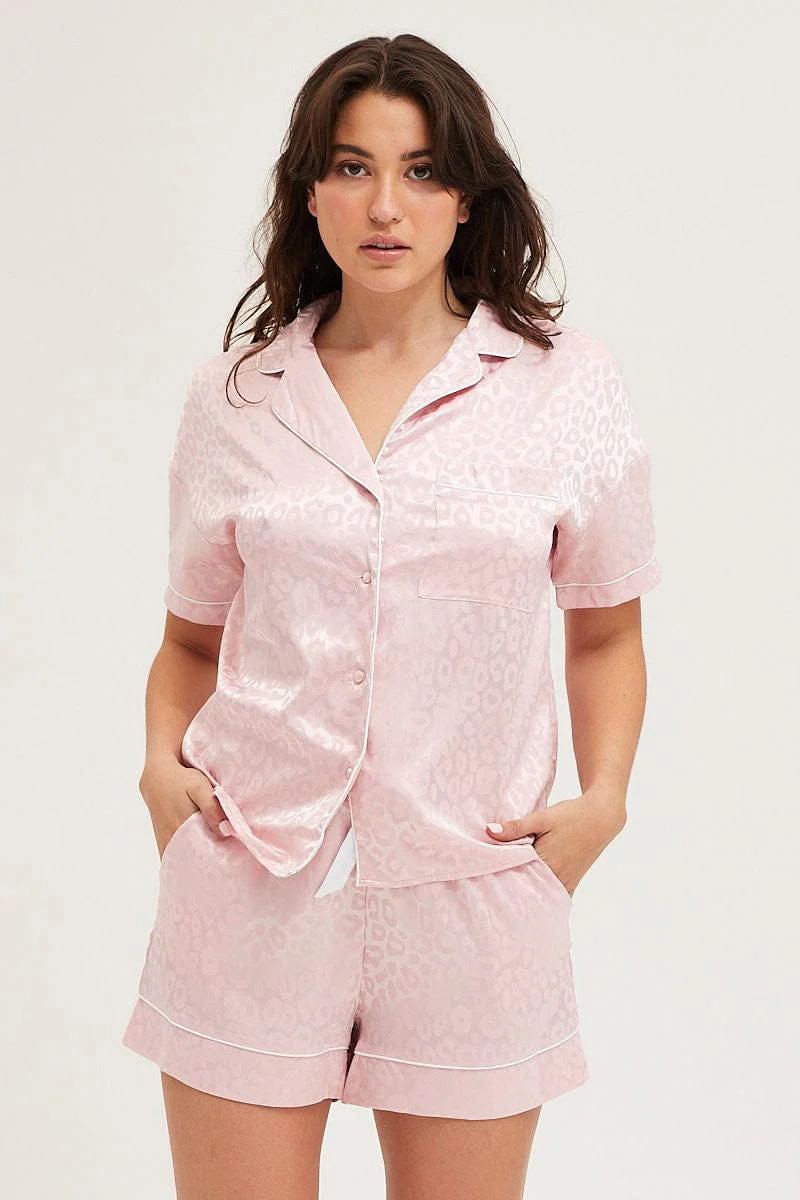 Pink Satin Pajamas Set Short Sleeve - Image 3