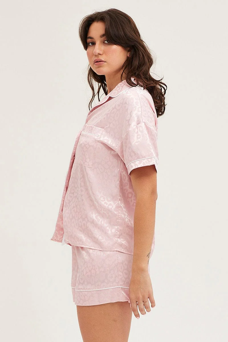 Pink Satin Pajamas Set Short Sleeve - Image 4