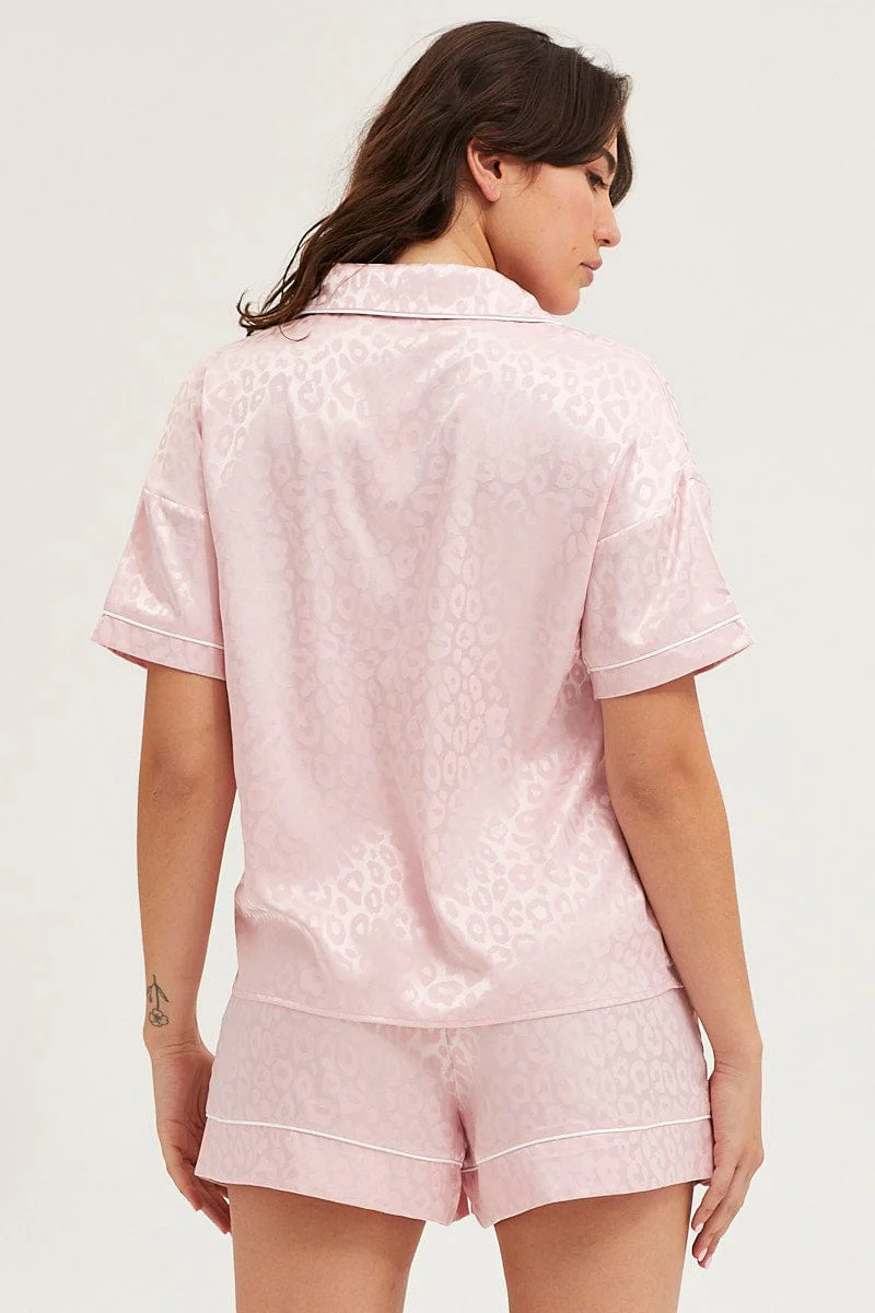 Pink Satin Pajamas Set Short Sleeve - Image 5