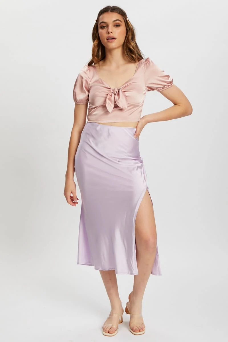 Pink Satin Puff Sleeve Crop Top - Image 3