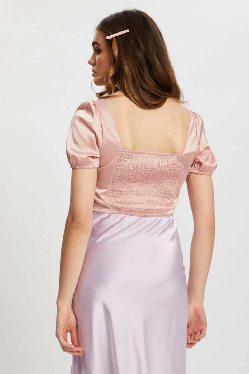 Pink Satin Puff Sleeve Crop Top - Image 4