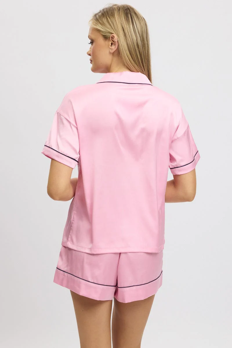 Pink Satin Pyjamas Set Short Sleeve - Image 5