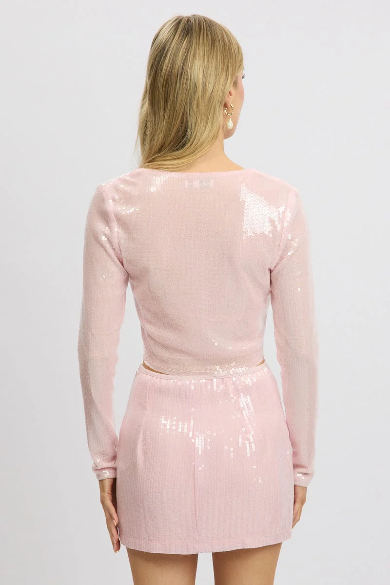 Pink Sequin Top Tie Up Front Long Sleeve - Image 5