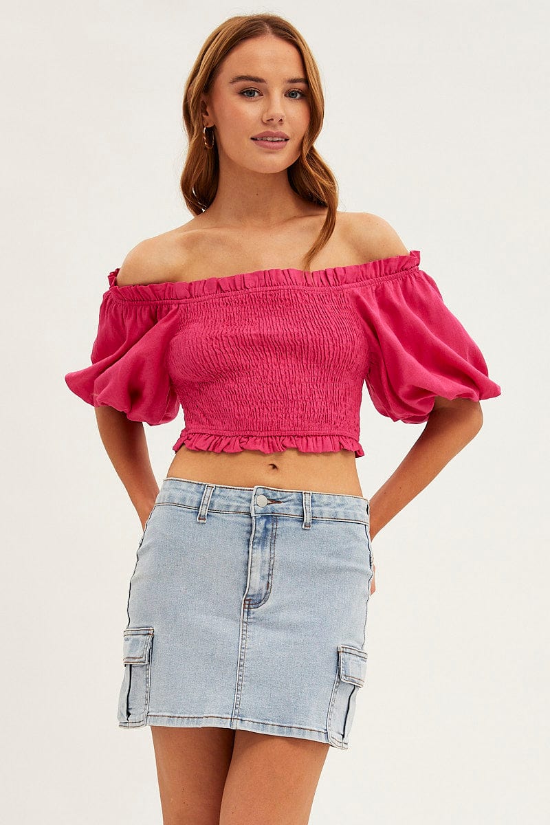 Pink Shirred Top Volume Short Sleeve Crop Linen Blend - Image 3