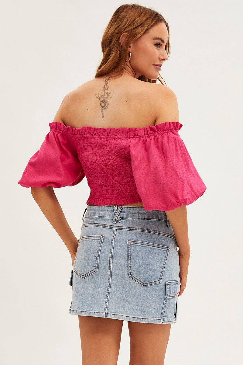 Pink Shirred Top Volume Short Sleeve Crop Linen Blend - Image 5